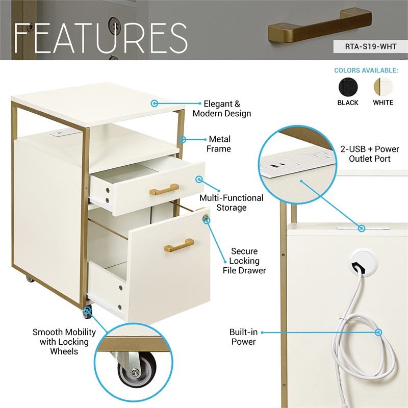Techni Mobili White & Gold Rolling Locking File Cabinet w/ USB