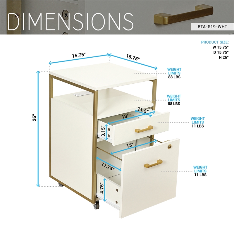 Techni Mobili White & Gold Rolling Locking File Cabinet w/ USB