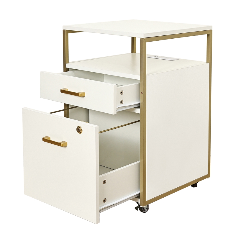 Techni Mobili White & Gold Rolling Locking File Cabinet w/ USB