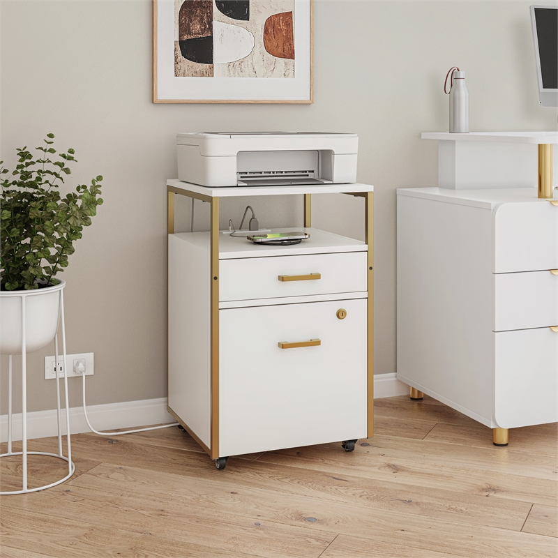 Techni Mobili White & Gold Rolling Locking File Cabinet w/ USB