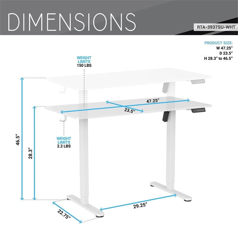 Techni Mobili 47.25in. W Electric Standing Desk - White