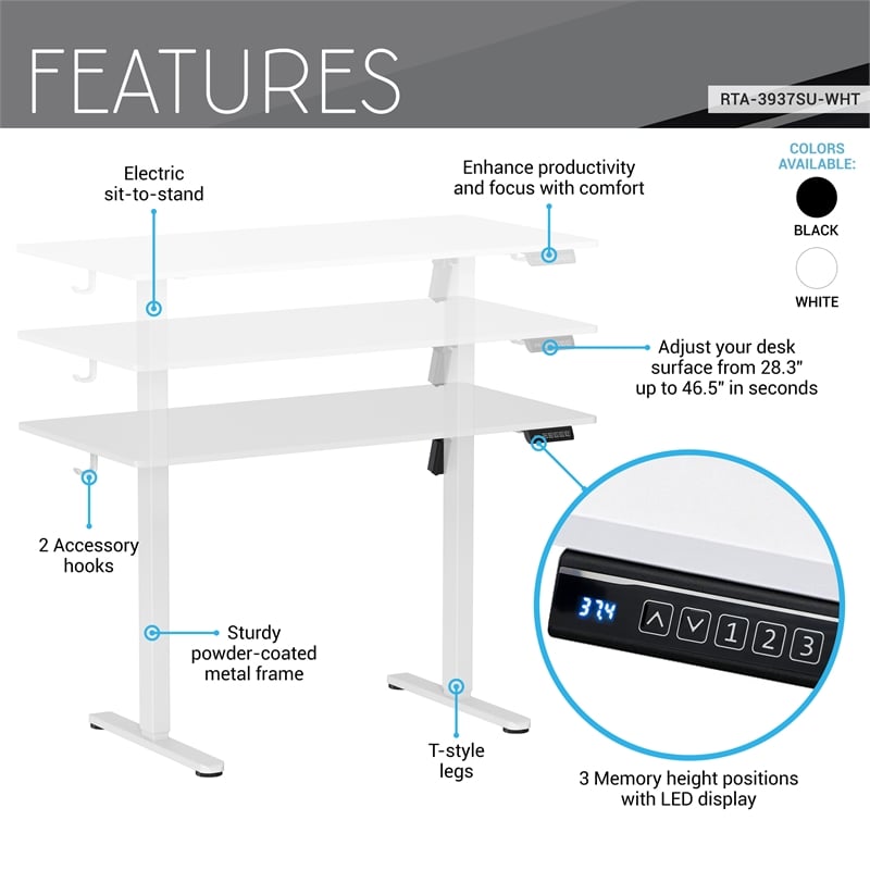Techni Mobili 47.25in. W Electric Standing Desk - White