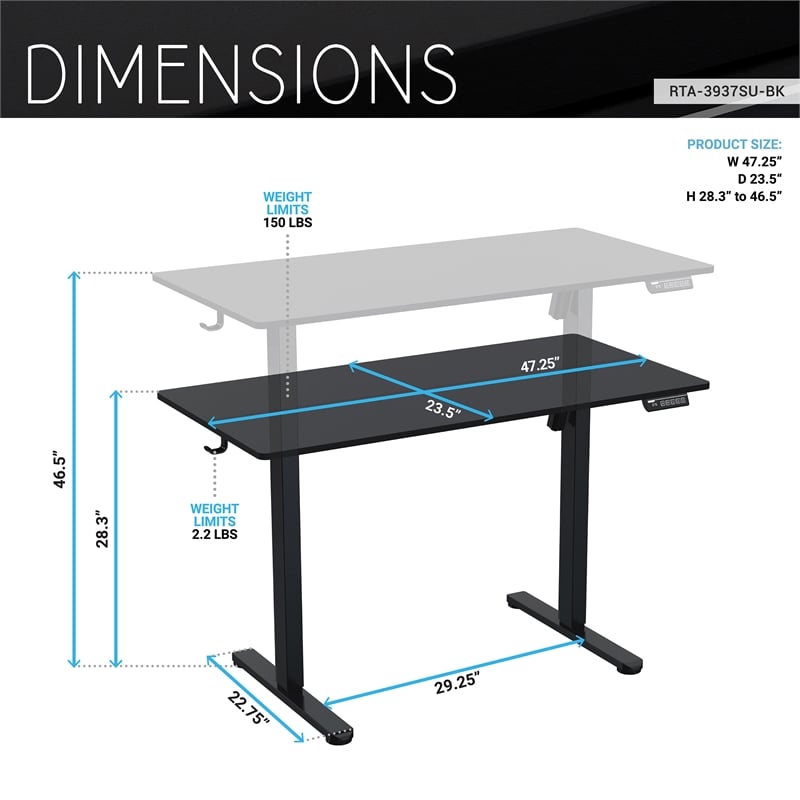 Techni Mobili 47.25in. W Electric Standing Desk - Black