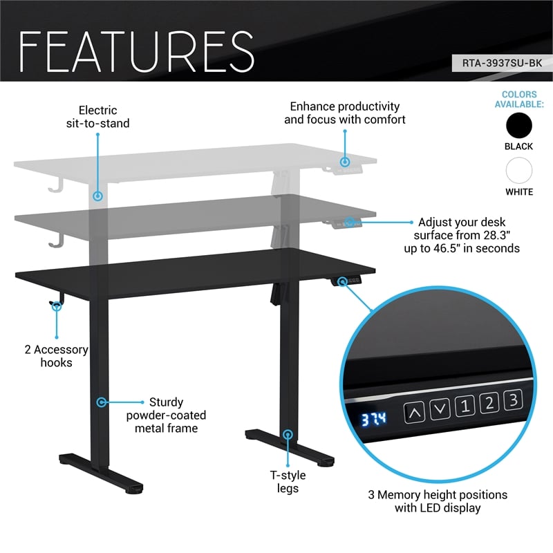 Techni Mobili 47.25in. W Electric Standing Desk - Black