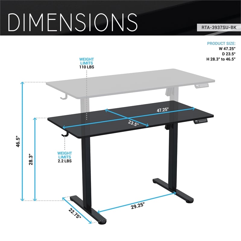 Techni Mobili 47.25in. W Electric Standing Desk - Black