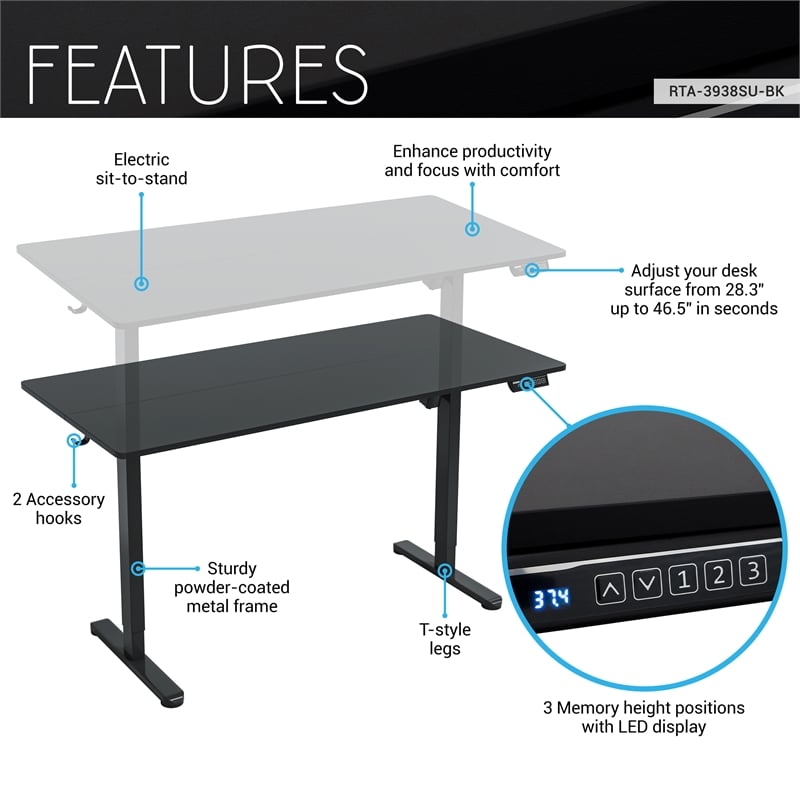Techni Mobili 55in. W Electric Standing Desk - Black