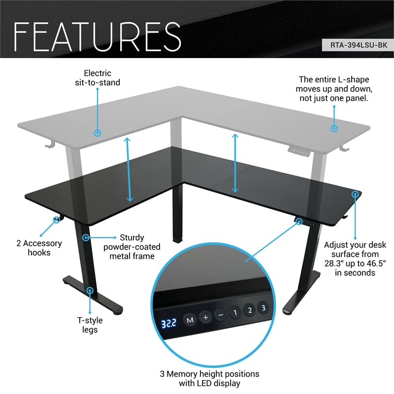Techni Mobili 63in. W L-Shaped Electric Standing Desk - Black