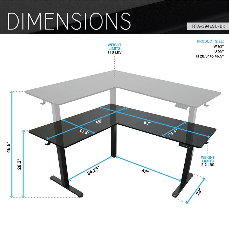 Techni Mobili 63in. W L-Shaped Electric Standing Desk - Black