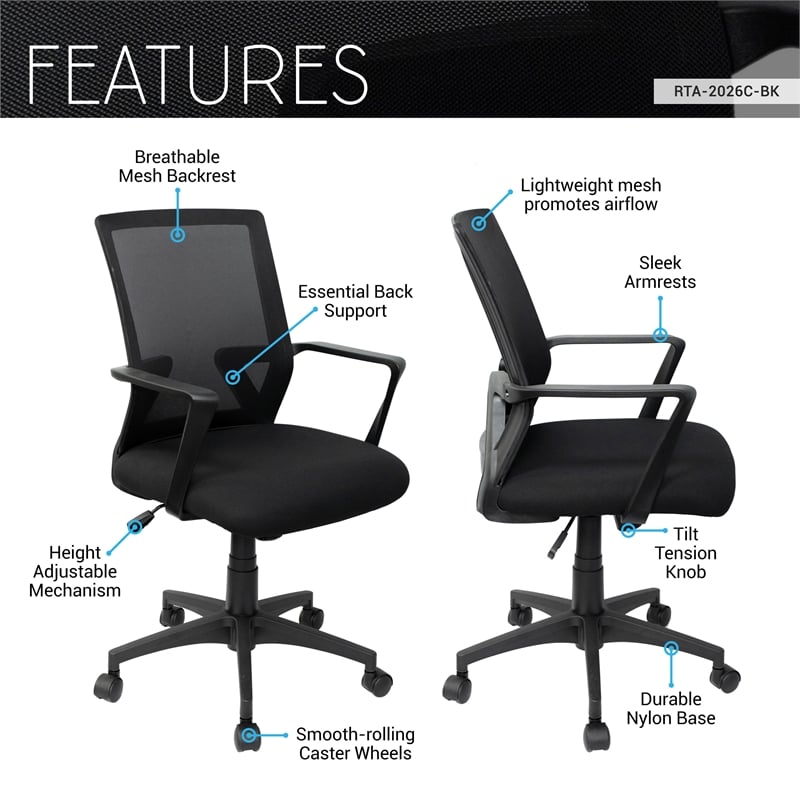 Techni Mobili Ergonomic Black Mesh Office Chair with Adjustable Height