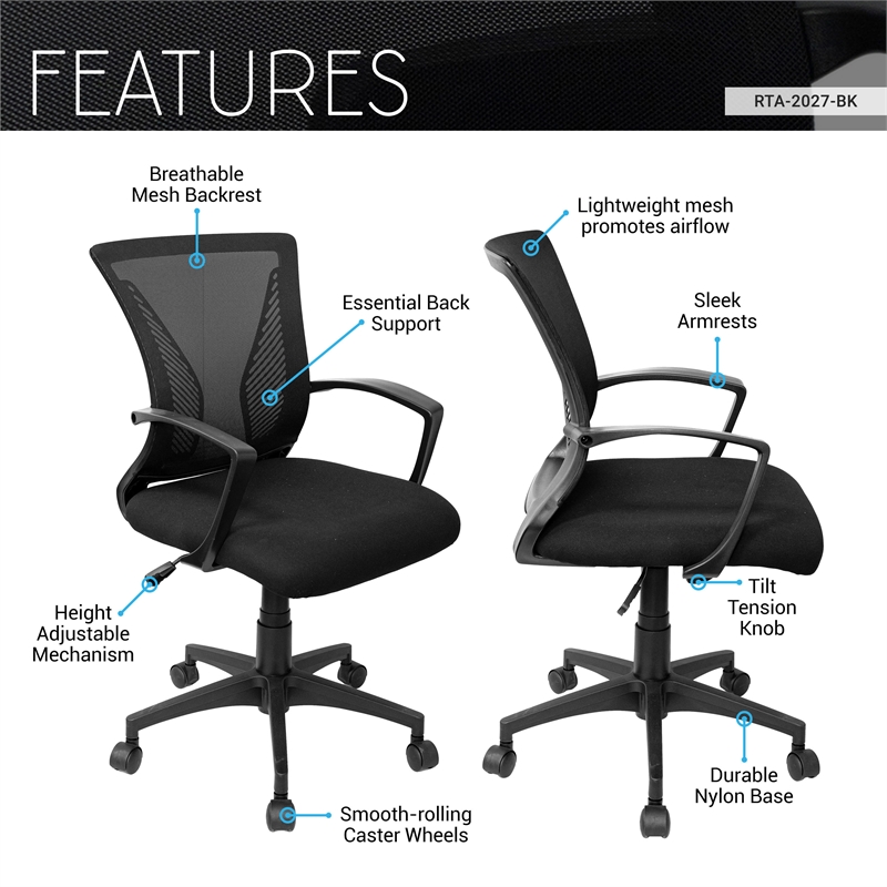 Techni Mobili Ergonomic Black Mesh Office Chair with Adjustable Height