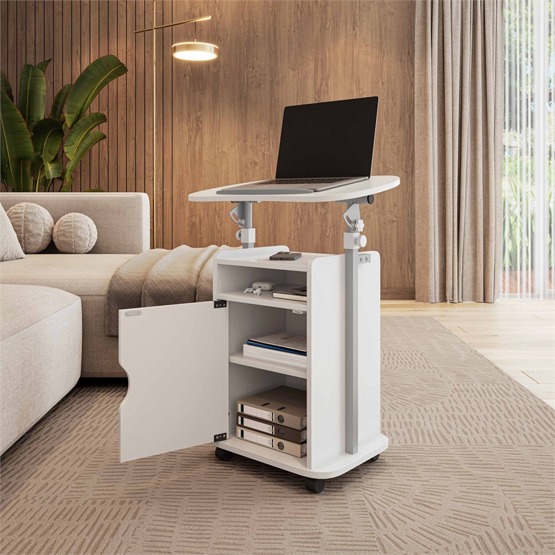 Techni Mobili White Rolling Laptop Cart - Adjustable Height Desk with Storage