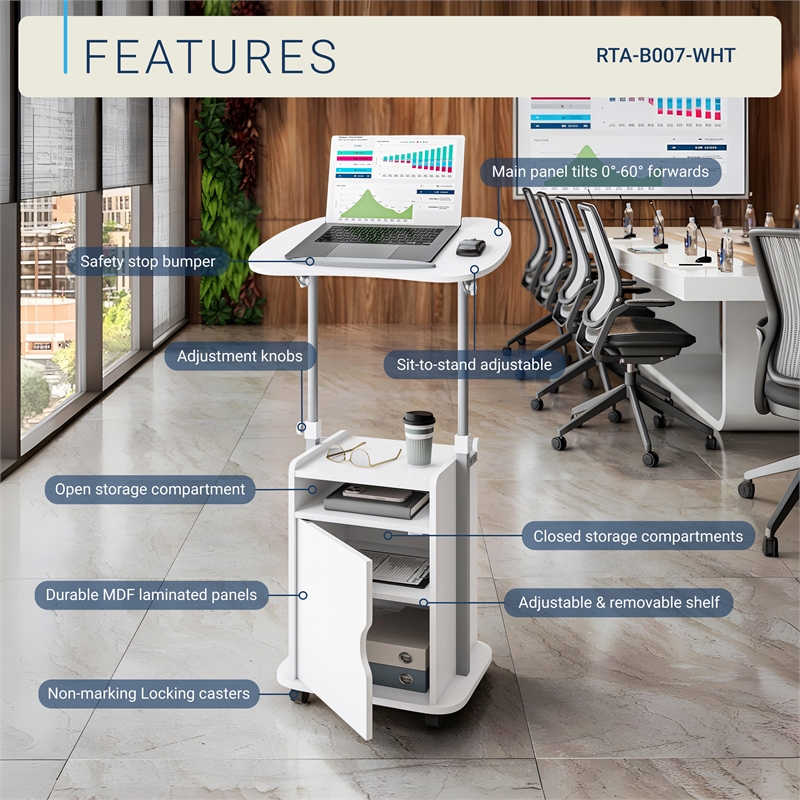 Techni Mobili White Rolling Laptop Cart - Adjustable Height Desk with Storage