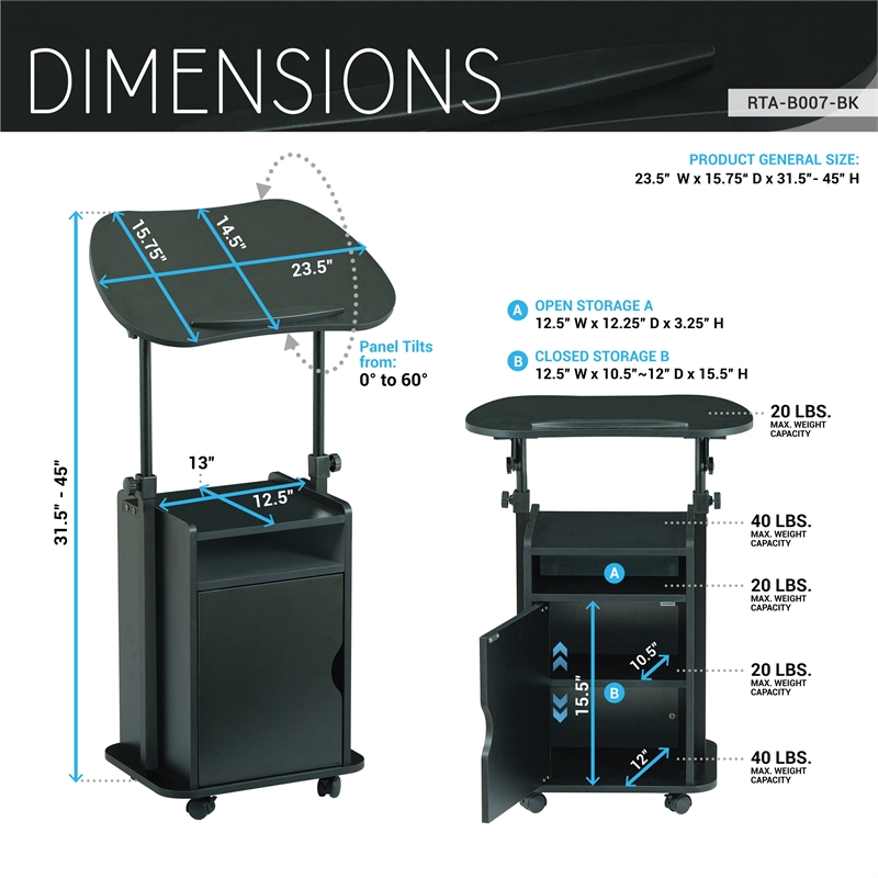 Techni Mobili Black Rolling Laptop Cart - Adjustable Height Desk with Storage