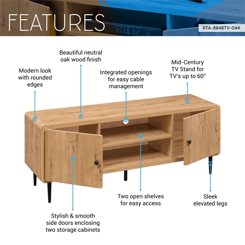 Techni Mobili Mid Century TV Stand for TVs Up to 60in. Oak