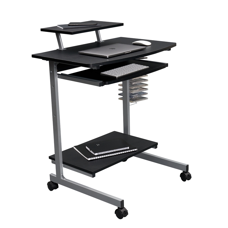Techni Mobili Wood & Steel Compact Computer Cart with Storage in Graphite Gray