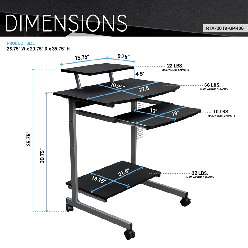 Techni Mobili Wood & Steel Compact Computer Cart with Storage in Graphite Gray