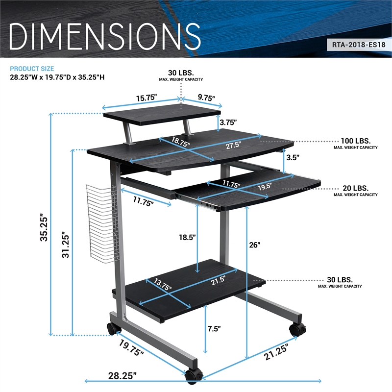 Techni Mobili Compact Computer Cart With Storage Espresso