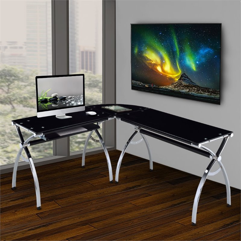 Techni Mobili L Shaped Glass Desk With Chrome Frame In Black Rta