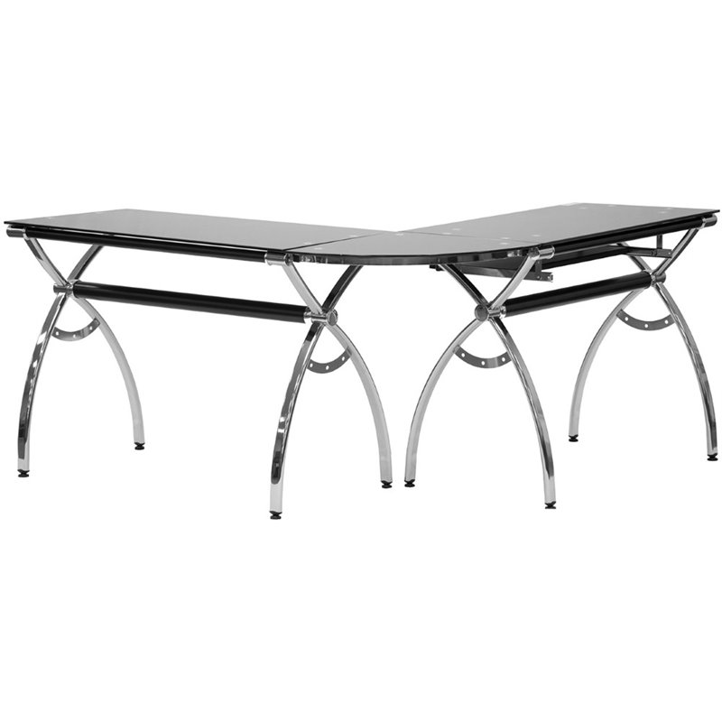 Techni Mobili LShaped Glass Desk with Chrome Frame in Black RTA