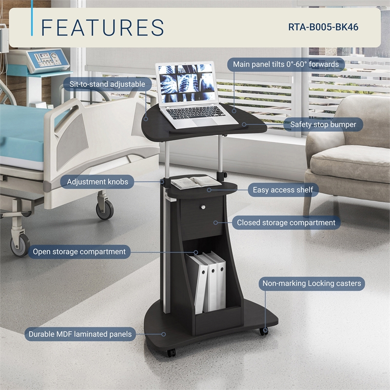 Techni Mobili Deluxe Sit-to-Stand Rolling Laptop Cart With Storage in Black