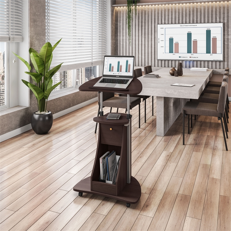 Techni Mobili Deluxe Sit-to-Stand Rolling Laptop Cart With Storage in Chocolate