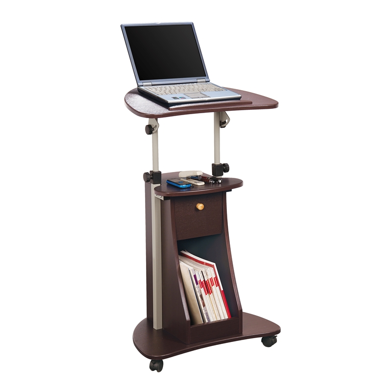 Techni Mobili Deluxe Sit-to-Stand Rolling Laptop Cart With Storage in Chocolate