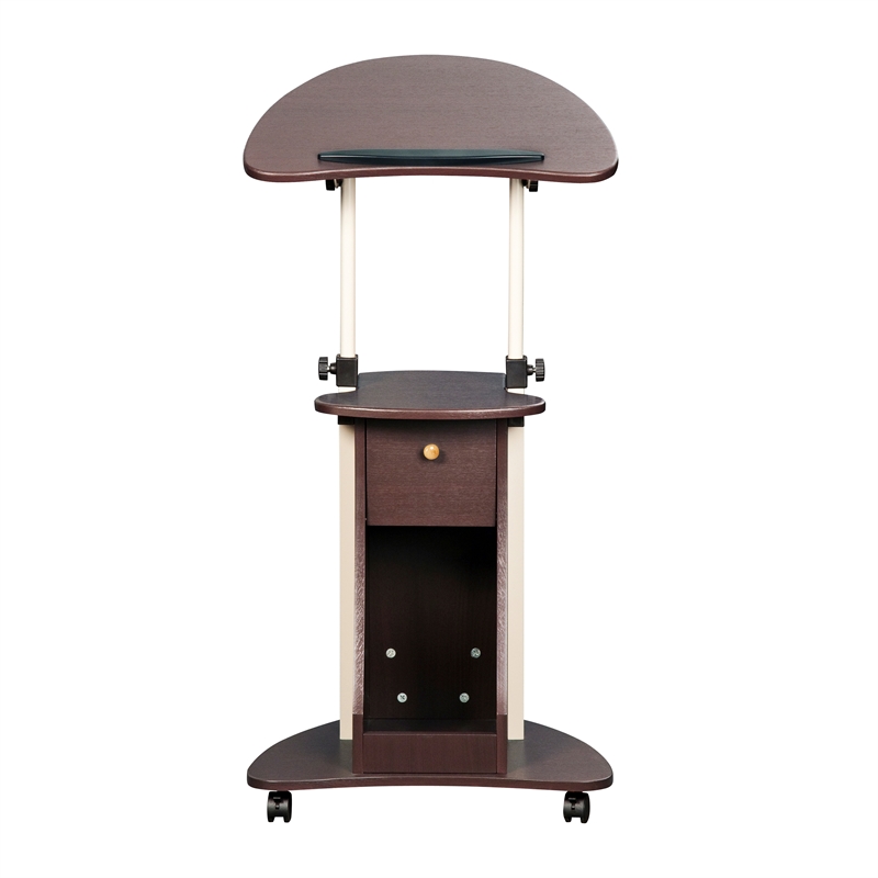 Techni Mobili Deluxe Sit-to-Stand Rolling Laptop Cart With Storage in Chocolate