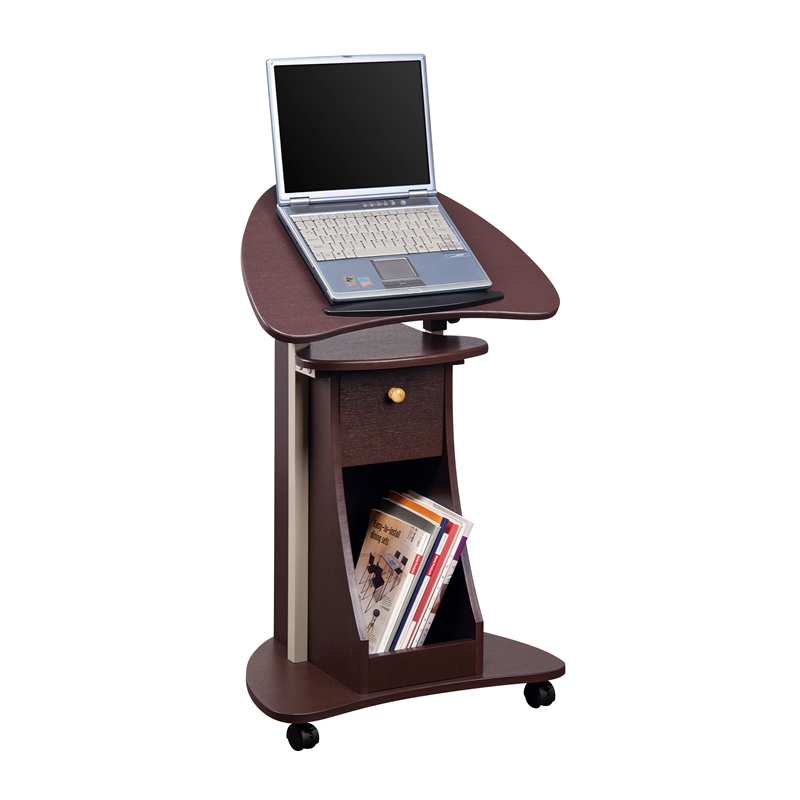 Techni Mobili Deluxe Sit-to-Stand Rolling Laptop Cart With Storage in Chocolate