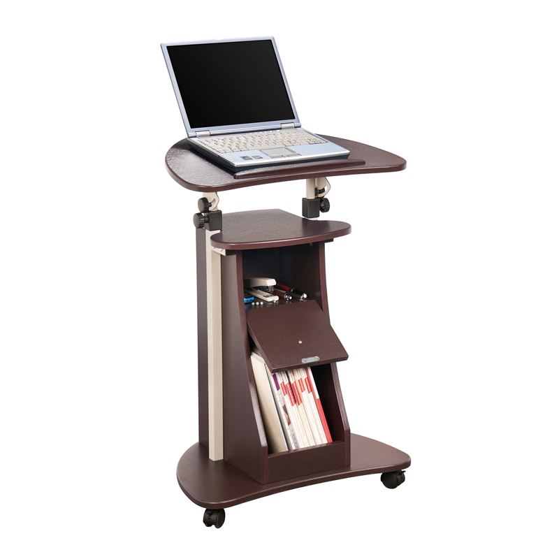 Techni Mobili Deluxe Sit-to-Stand Rolling Laptop Cart With Storage in Chocolate