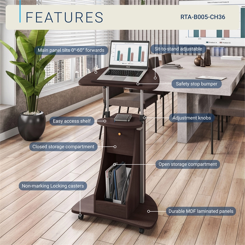 Techni Mobili Deluxe Sit-to-Stand Rolling Laptop Cart With Storage in Chocolate