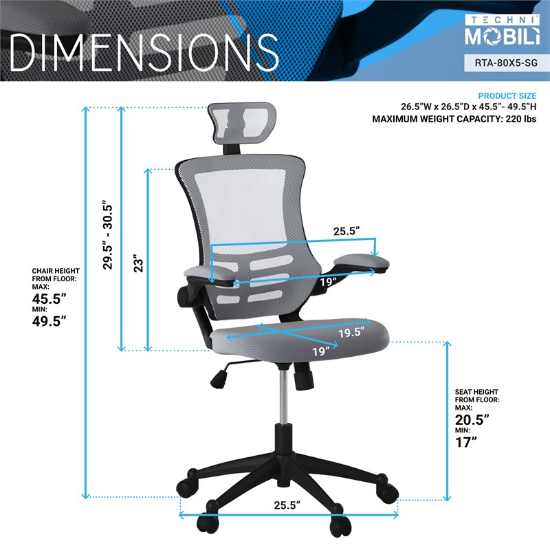 Techni Mobili Executive High Back Office Chair w/ Headrest in Silver Gray Fabric
