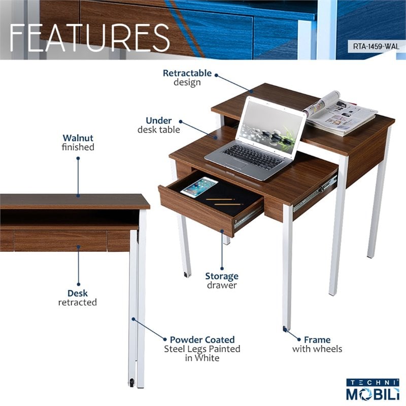 Techni Mobili Retractable Student Desk with Storage in Walnut - RTA ...