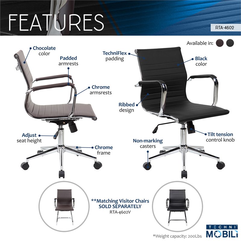 Techni Mobili Modern Medium Back Task Chair in Chrome/Black