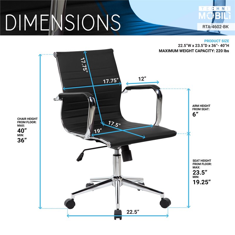 Techni Mobili Modern Medium Back Task Chair in Chrome/Black