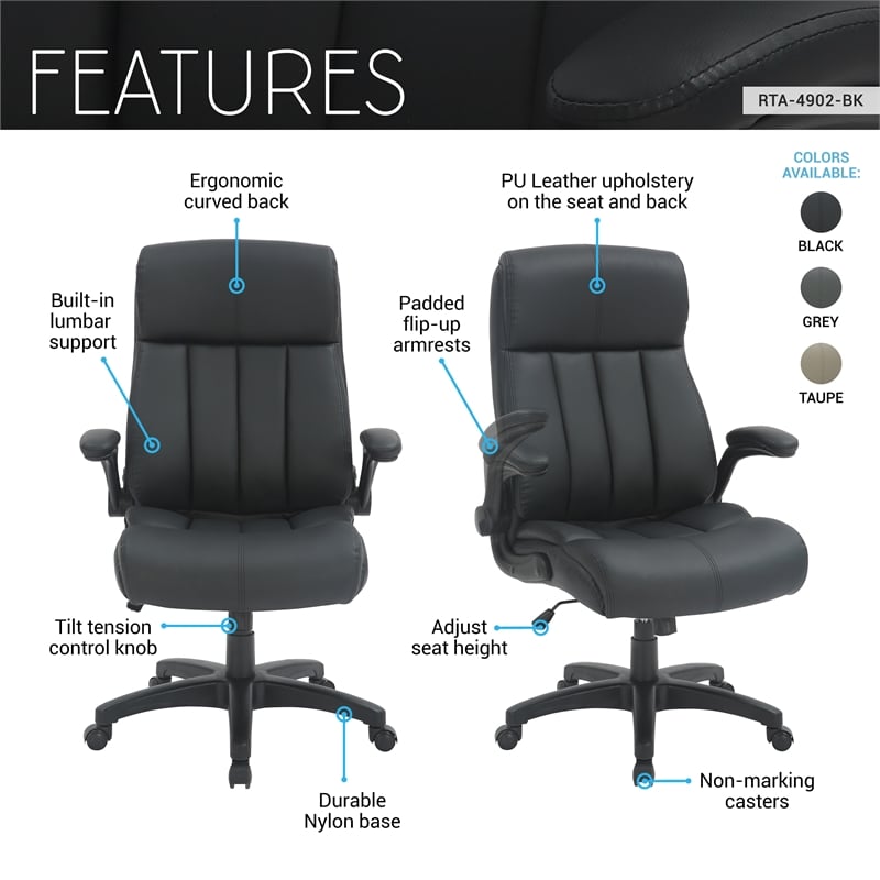 Techni Mobili Medium Back Executive Office Chair with Flip-up Arms Black
