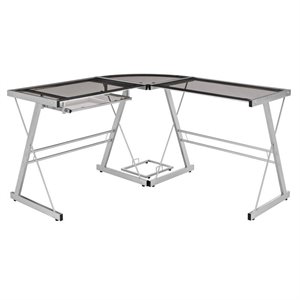 l-shaped computer desk in silver with smoke glass