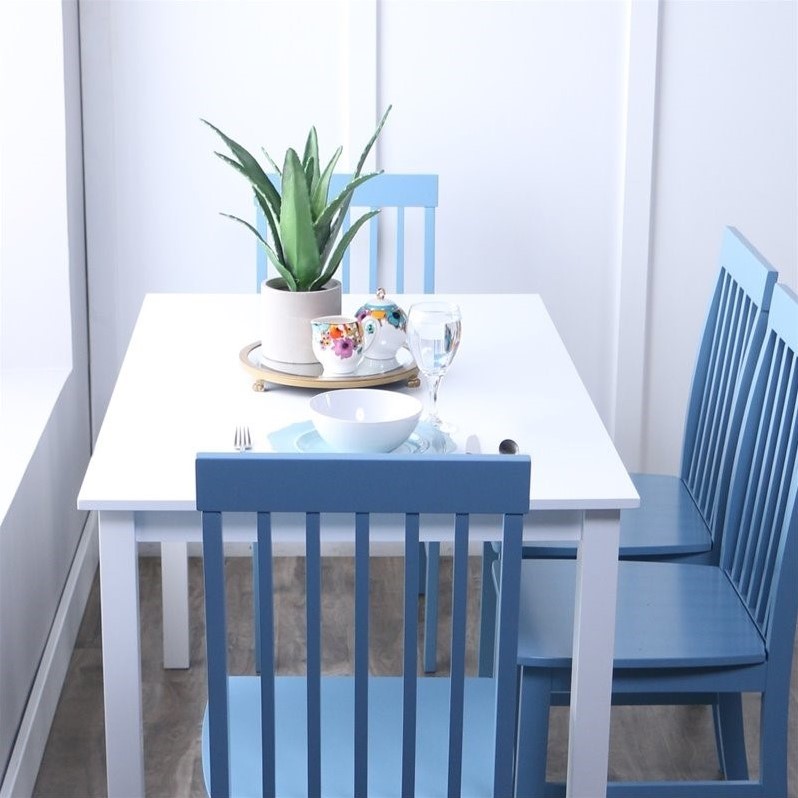 5 Piece White Wood Kitchen Dining Set With Powder Blue Chairs 5 Piece White Wood Kitchen Dining Set With Powder Blue Chairs