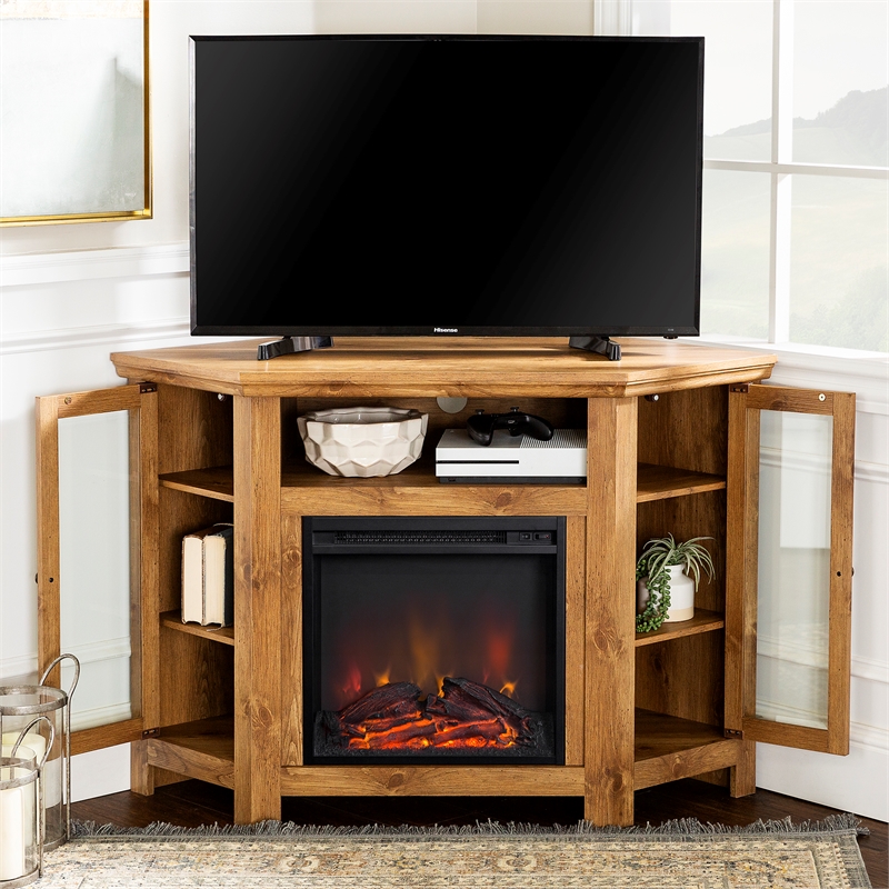 48" Wood Corner Fireplace TV Stand Barnwood Brown