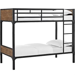 twin over twin rustic metal and wood bunk bed in brown