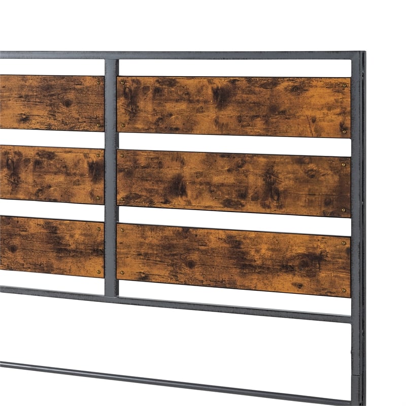 Industrial Queen Size Metal and Wood Plank Bed - Brown