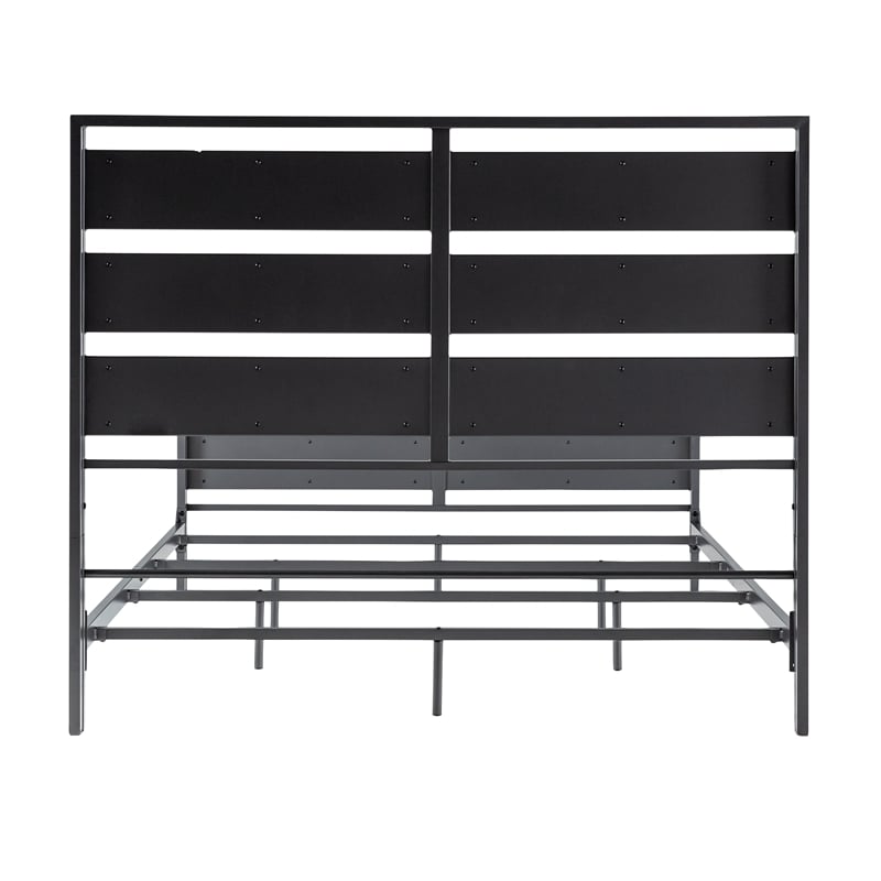 Industrial Queen Size Metal and Wood Plank Bed - Brown