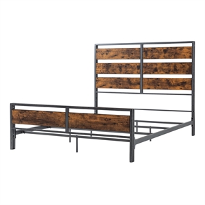 Industrial Queen Size Metal and Wood Plank Bed - Brown