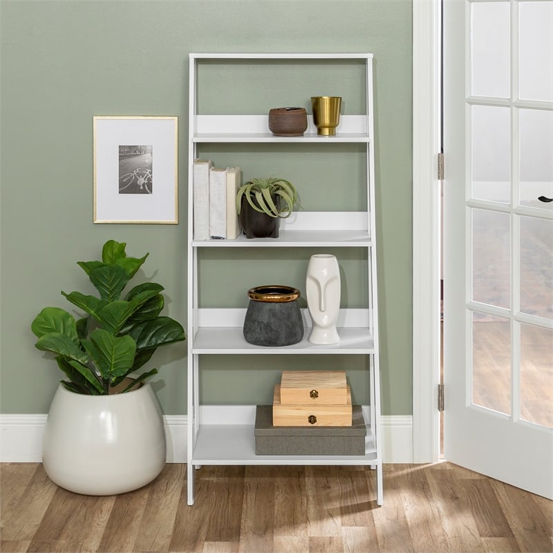 Walker Edison 4 Shelf Transitional Wood Ladder Bookcase in White