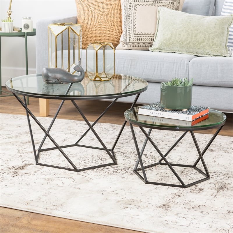 Round Nesting Glass Top Coffee Table Set in Black - AF28CLRGGBL