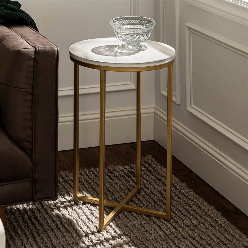 16" Modern Round White Faux-Marble End Table with Gold ...