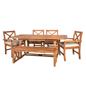 6-Piece X Back Acacia Wood Outdoor Patio Dining Set with Cushions - Brown