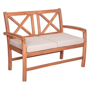 x-back outdoor wood patio bench with cushions in brown