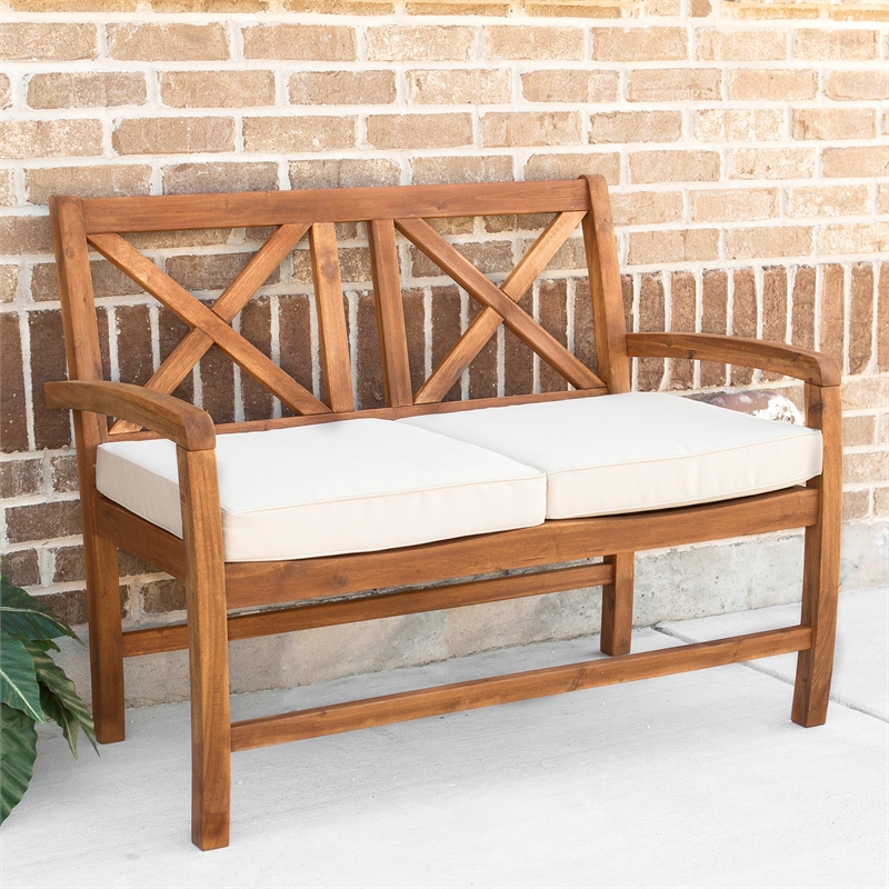 XBack Outdoor Wood Patio Bench with Cushions in Brown OWXBLSBR