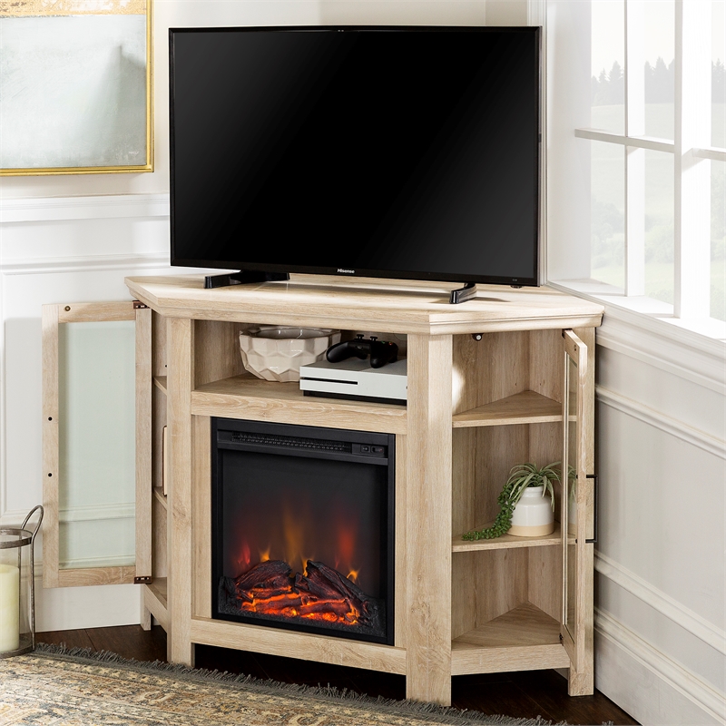 48 inch Wood Corner Fireplace Media TV Stand in White Oak