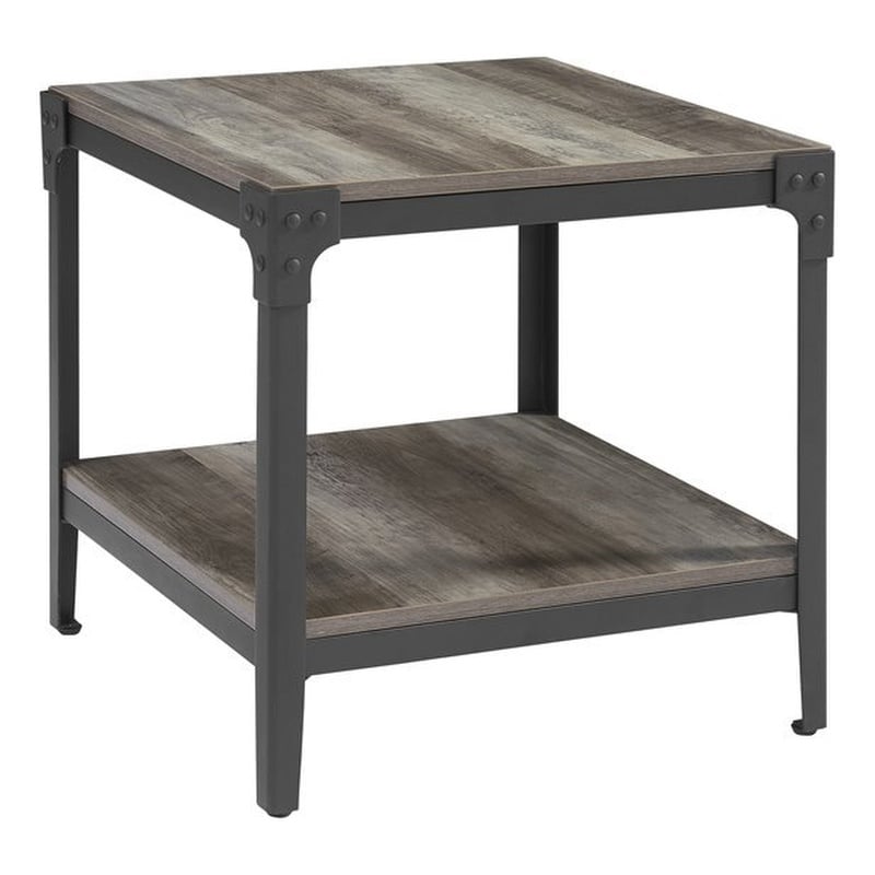 Set of 2 Angle Iron Rustic Wood and Metal End Tables in Grey Wash